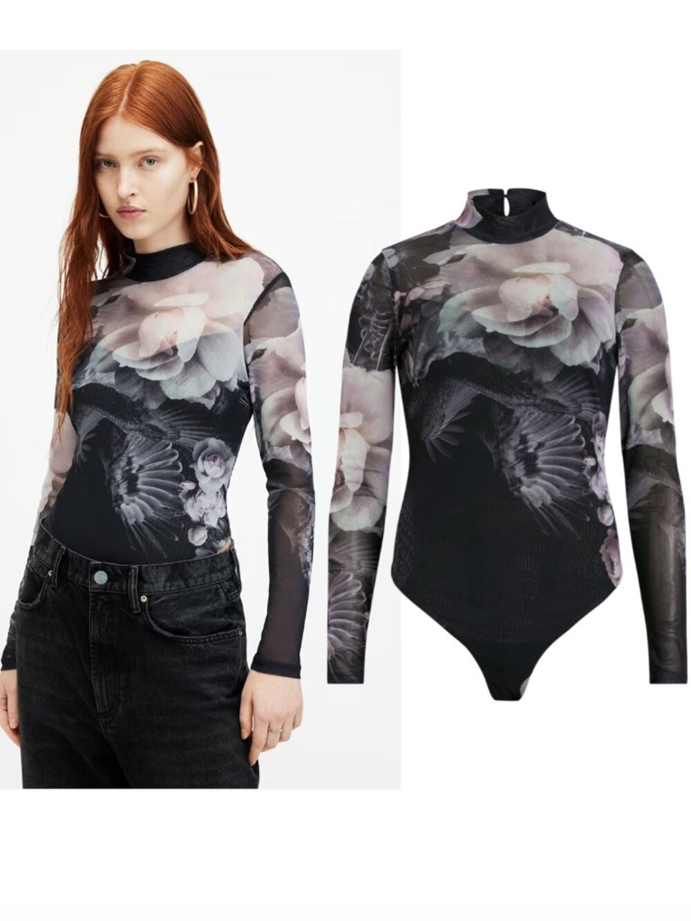 ALL SAINTS Elia Valley Bodysuit NWT sz 2 floral print mesh mock neck